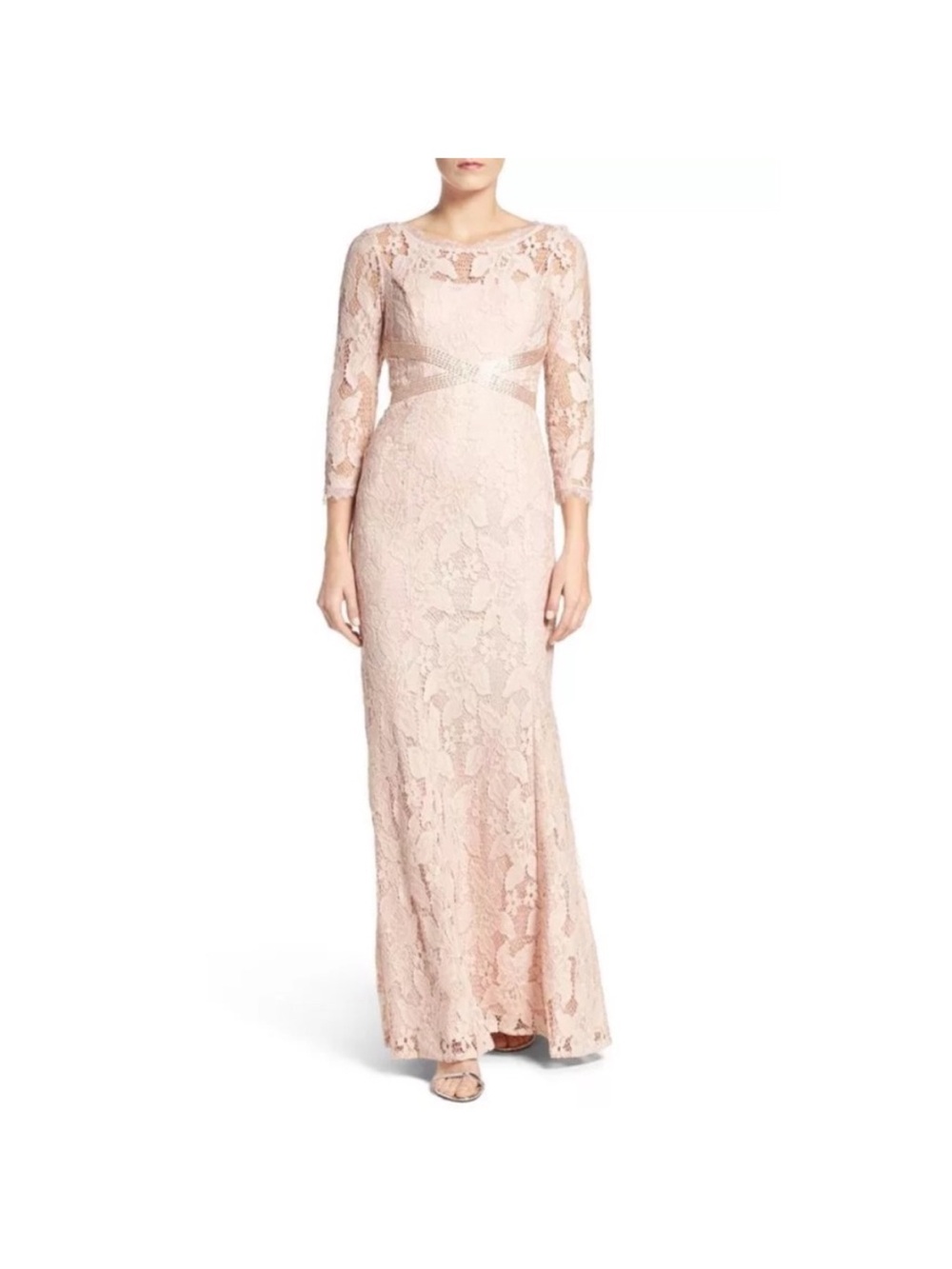 Adrianna Papell Illusion Yoke Lace Gown in Blush Pink Long Sleeve Dress Size 10